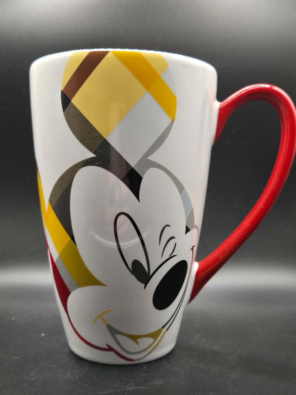 Disney Store Mickey Mouse Plaid Tall Ceramic Latte Mug White Red Handle